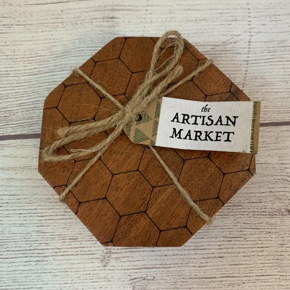 Artisan Market Bark Wood Hexagon Coasters with Honeycomb Pattern Set of 4 - Picture 6 of 9